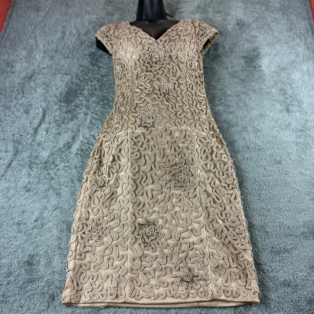 Sue Wong Nocturne Champagne Gold Soutache Sequin Sheath Dress Open Back Size 6
